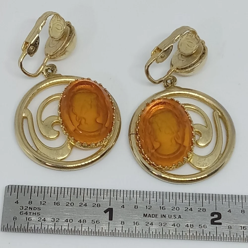 * vintage orange glass cameo reverse intaglio unique design clip on earrings